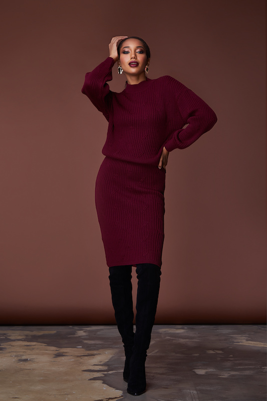 Striking brunette in a maroon dress